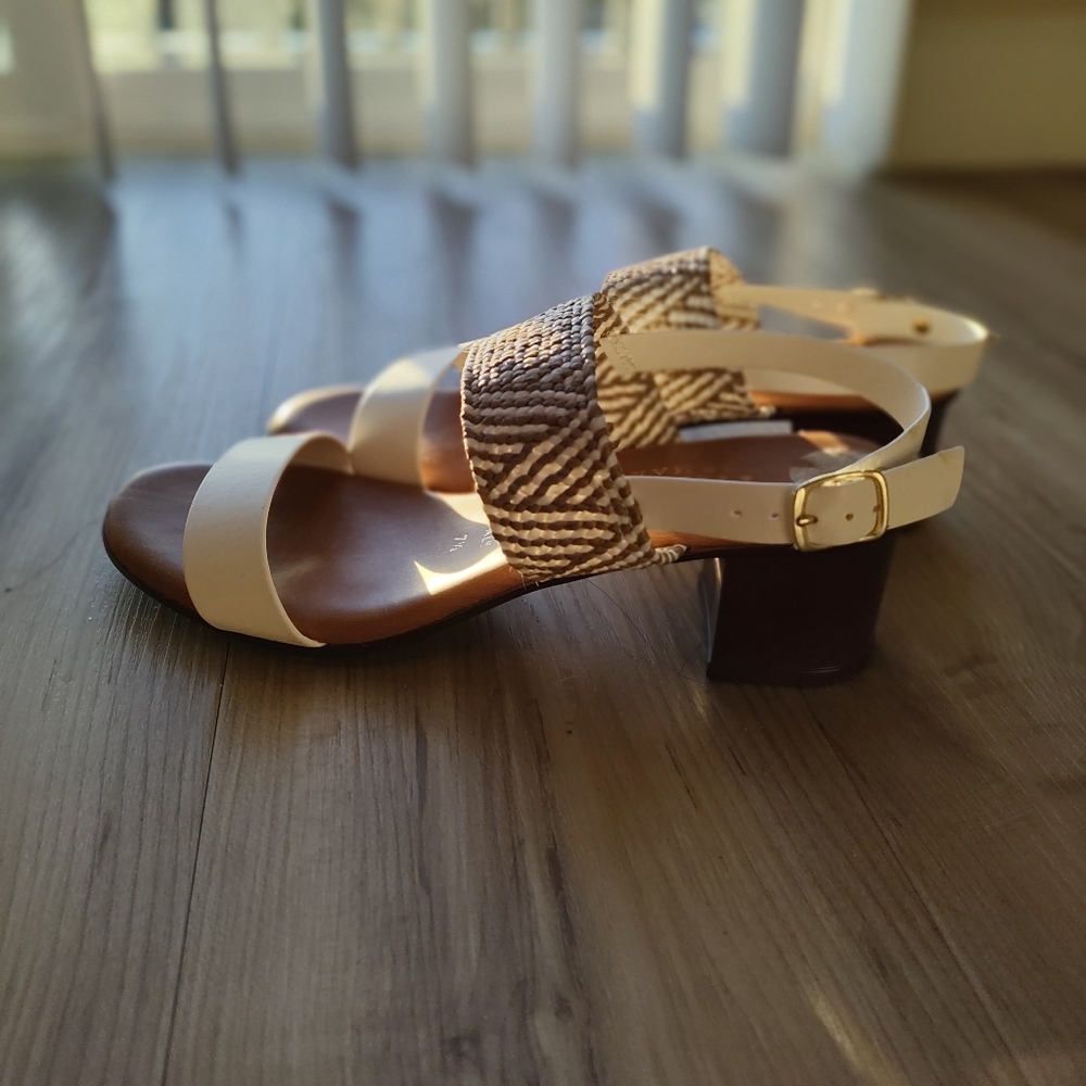 Italian Shoemakers Cream and Brown Braided Strap Block Heel Sandals